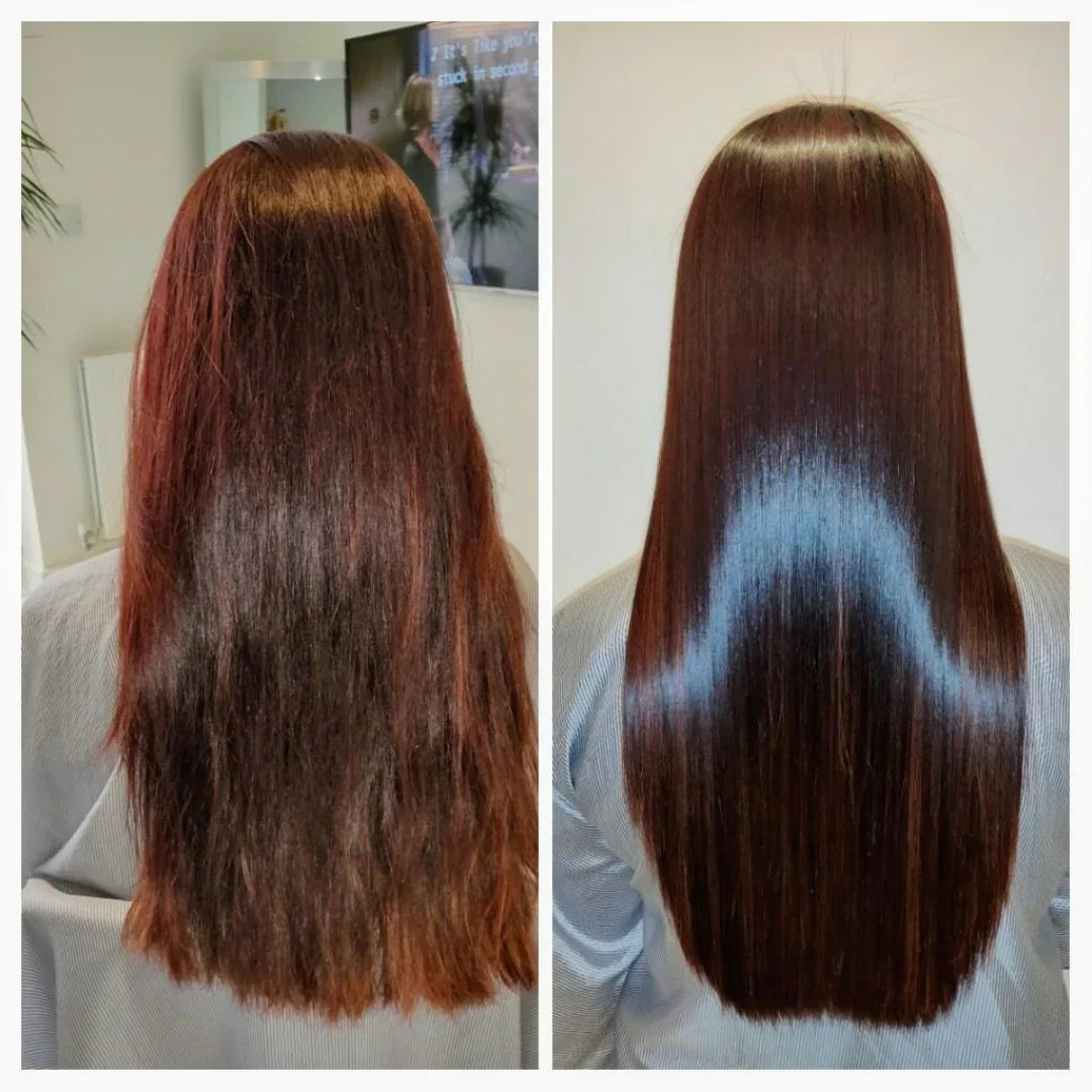 Avant et après : cheveux réparés, lissés et brillants grâce au Botox Liss